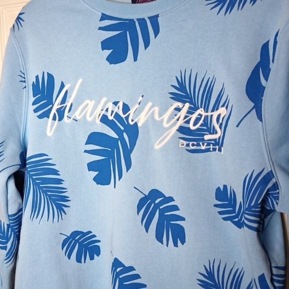 DCVIII Flamingos Palm Leaves Tropical Blue Sweatshirt Sz. Small - Picture 2 of 6